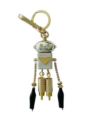 Prada Robot Charm Keychain Saffiano Leather Bag Charm Gold Black